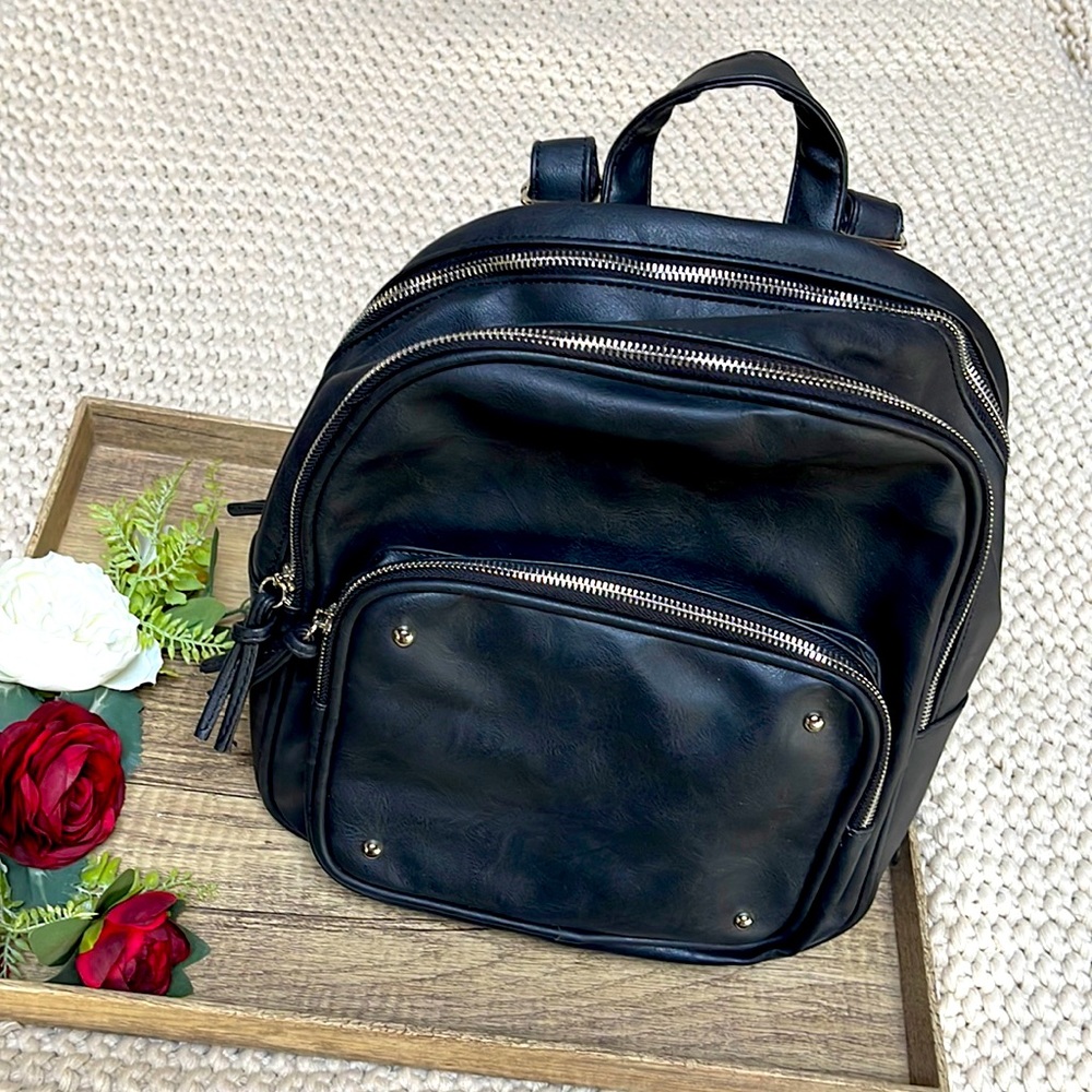 Black Vegan Leather Mini-Backpack Purse